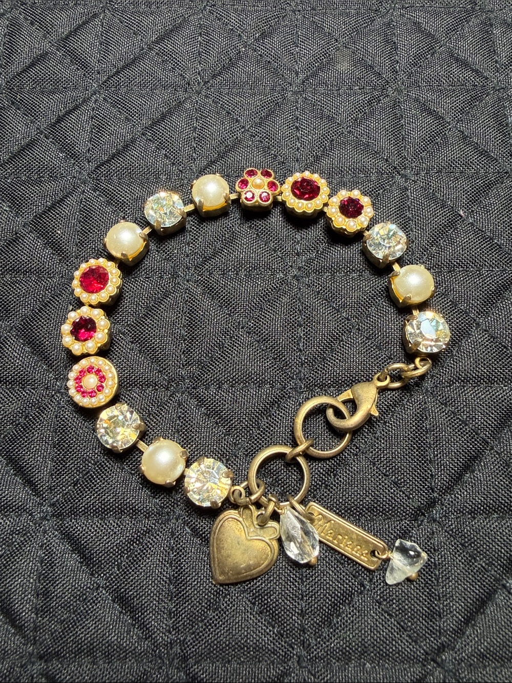 Mariana Gold-Tone Bracelet with Pink-Red Crystal Flowers and Pearls